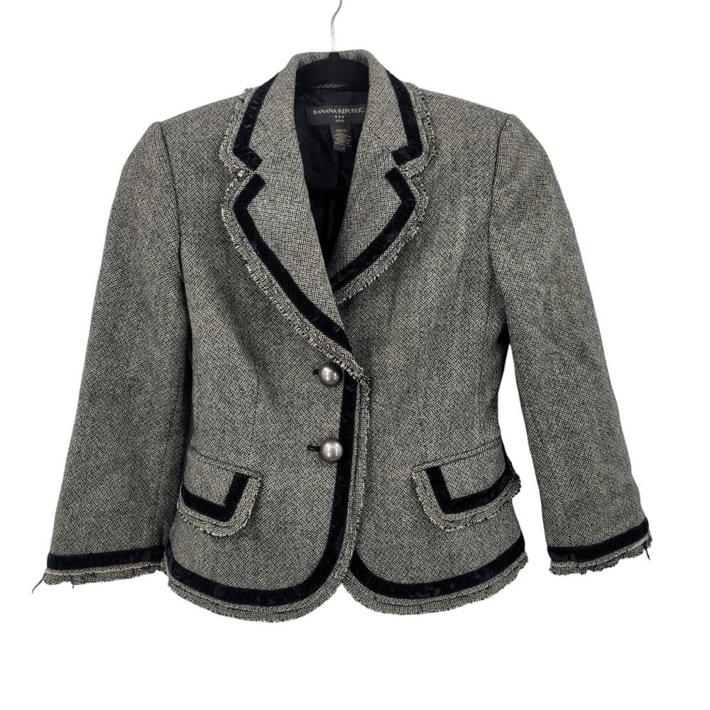 Vtg Y2K Banana Republic Petite Herringbone Blazer‎ 2P Gray Wool Velvet Academia